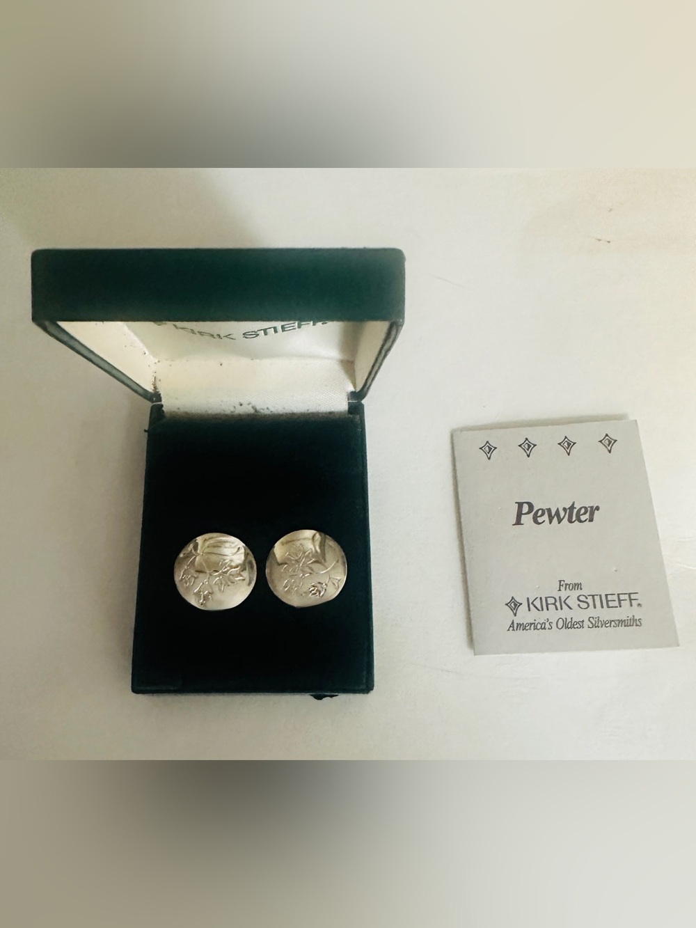 Kirk Stieff Pewter Floral Round Pierced Earrings in Silver Tone